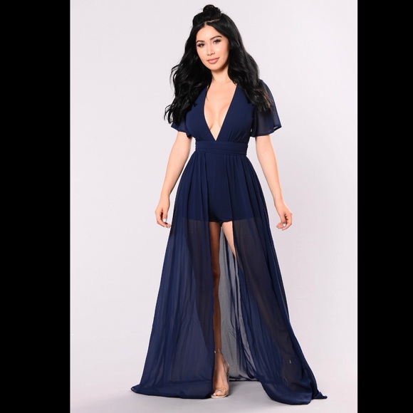 Fashion Nova Dresses & Skirts - NWT FASHION NOVA THIS OVERLAY DONT PLAY NAVY MAXI DRESS WITH ROMPER LARGE